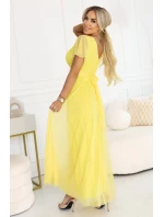 562-8 NASTIA Dlhé šaty so srdiečkovým výstrihom, podšívkou a krátkymi rukávmi - citrónové limoncello