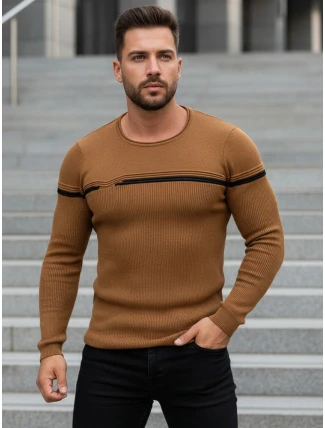 Pánsky sveter ťavej farby cez hlavu FashionStreet WX1625