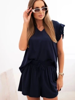 Dámska súprava z viskózy, blúzka s volánmi a krátke šortky modrá