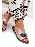 Połyskujące Sandały Damskie Z Ozdobą Płaskie Różowe Złoto Russona