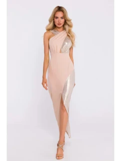 Maxi šaty zo zmiešanej látky M835 béžová - Moe