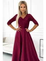 309-9 AMBER elegantné dlhé maxi šaty s čipkovým výstrihom - Bordeaux