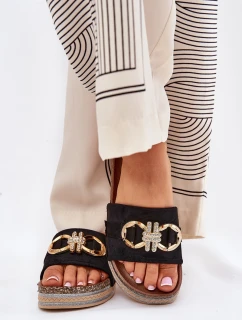 Klapki Damskie Na Platformie Z Brokatem I Złotą Ozdobą Czarne Rilirea