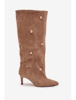 Nazouvací dámské kozačky na podpatku se zlatými ozdobami béžové Thaliane