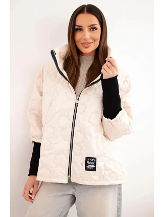 Dámska jarná prešívaná bunda s ozdobným potlačou a zipsom svetlo béžová