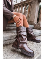 Kozaki Damskie Z Wywiniętą Cholewką Do Połowy Łydki Z Paskiem Czekoladowe Darisa