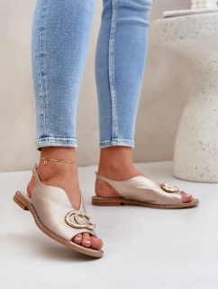 Skórzane Sandały Na Płaskim Obcasie Z Ozdobą Laura Messi 2865 Złote