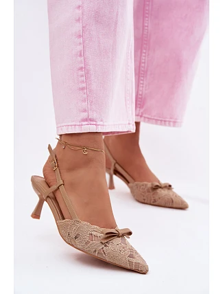 Dámské krajkové sandály na podpatku s mašlí Béžové Maribelle