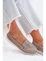 Zamszowe Ażurowe Półbuty Mokasyny Damskie Złote Redileine