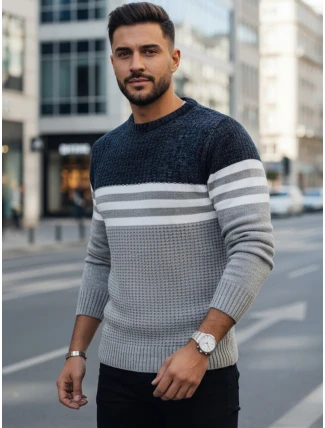 Pánsky pruhovaný sivý sveter FashionStreet WX2230 Pánsky pruhovaný sivý sveter FashionStreet WX2230