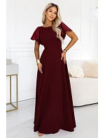 694-3 MIRELLA Elegantné maxi šaty so rozšírenou sukňou a flitrovými rukávmi – vínová 694-3 MIRELLA Elegantné maxi šaty so rozšírenou sukňou a flitrovými rukávmi – vínová