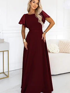 694-3 MIRELLA Elegantné maxi šaty so rozšírenou sukňou a flitrovými rukávmi – vínová