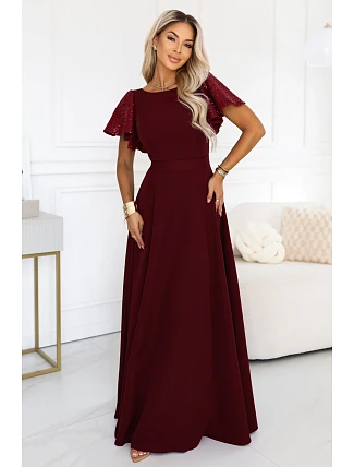 694-3 MIRELLA Elegantné maxi šaty so rozšírenou sukňou a flitrovými rukávmi – vínová 694-3 MIRELLA Elegantné maxi šaty so rozšírenou sukňou a flitrovými rukávmi – vínová