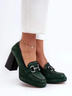 Skórzane Czółenka Na Masywnym Słupku Laura Messi 2706 Ciemnozielone