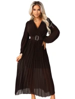 414-11 KLARA plisované elegantné midi šaty s opaskom a výstrihom - čokoládové