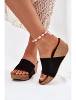 Zazoo 40311 Zamszowe Klapki Damskie Na Korkowym Koturnie Czarne