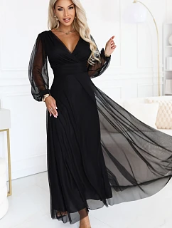 684-4 NERISSA – elegantné tylové maxi šaty s výstrihom do V – čierne