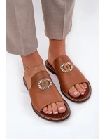 Elegantné dámske kožené papuče s dekoráciou Zazoo 3008 Camel Elegantné dámske kožené papuče s dekoráciou Zazoo 3008 Camel