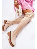 Zamszowe Damskie Kozaki Za Kolano Jasnobeżowe Cheera