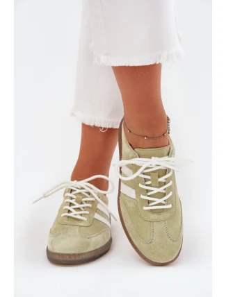 Niskie Skórzane Sneakersy Damskie Limonkowe Ismina