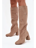 Kozaki Damskie Ocieplane Na Słupku Z Ozdobnymi Detalami Beżowe Lucinda