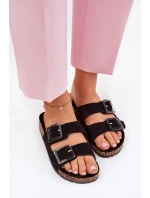 Klapki Damskie Z Klamrami Na Korkowej Podeszwie Czarne Sercele