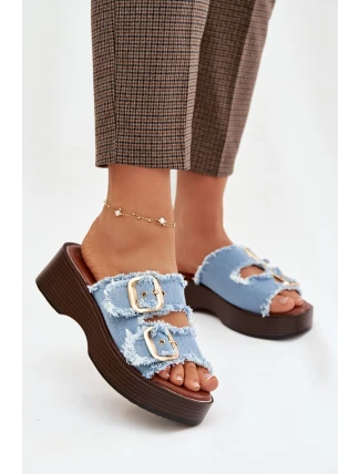 Dámské pantofle na platformě se zlatými sponami modré Renelisse