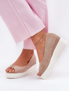 Sandały Damskie Na Koturnie Z Eko Zamszu Beżowe Velira