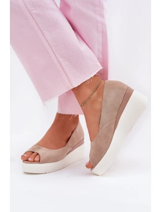 Sandały Damskie Na Koturnie Z Eko Zamszu Beżowe Velira