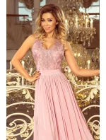 LEA - Dlhé dámske šaty vo farbe taupe bez rukávov, s vyšívaným výstrihom 215-5 LEA - Dlhé dámske šaty vo farbe taupe bez rukávov, s vyšívaným výstrihom 215-5