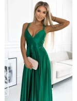 513-1 Elegantné dlhé saténové šaty LUNA s výstrihom a prekríženými ramienkami - BOTTLE GREEN 513-1 Elegantné dlhé saténové šaty LUNA s výstrihom a prekríženými ramienkami - BOTTLE GREEN