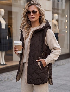 Dlhá prešívaná dámska vesta s kapucňou, hnedá, FashionStreet TY5921