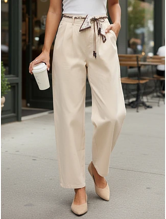 Dámske nohavice s vysokým pásom a šnurovaním béžová FashionStreet UY2900 Dámske nohavice s vysokým pásom a šnurovaním béžová FashionStreet UY2900