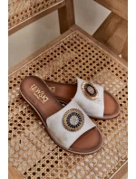 Skórzane Klapki Z Ozdobą Na Płaskim Obcasie Lewski 3047/O Złoty Przecierany