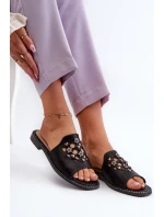 Błyszczące Klapki Damskie Z Ozdobami S.Barski KV27-063 Czarne