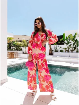 Ružovo-béžový set - blúzka na zaväzovanie a široké nohavice (8175) Ružovo-béžový set - blúzka na zaväzovanie a široké nohavice (8175)