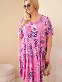 Dámske plus veľkosť viskózové šaty s krátkymi rukávmi a vzorom Paisley Pink