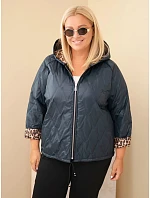 Dámska bunda vo veľkosti Plus Size s kapucňou a leopardovým lemovaním, modrá