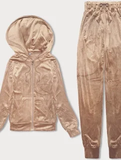 Dámska béžová velúrová súprava s kapucňou na zips (8C1176-159)