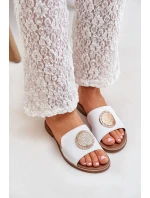 Skórzane Klapki Z Ozdobą Na Płaskim Obcasie Zazoo 3047/O Białe