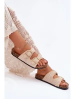 Szydełkowe Klapki Damskie Ze Złotymi Klamrami Beżowe Fenira