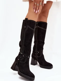 Ocieplane Kozaki Damskie Na Słupku Z Przeszyciami Czarne Alessara