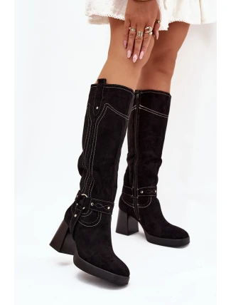 Ocieplane Kozaki Damskie Na Słupku Z Przeszyciami Czarne Alessara