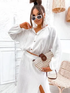 Dámsky mušelínový set v ecru farbe - blúzka a sukňa (8290)