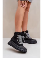 Damskie Ocieplane Botki Trapery Na Platformie Czarne Alcyhen