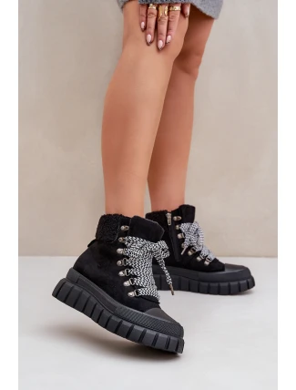 Damskie Ocieplane Botki Trapery Na Platformie Czarne Alcyhen