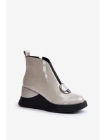Lakierowane Botki Na Koturnie Ocieplane D&A MR880-136 Jasnoszare