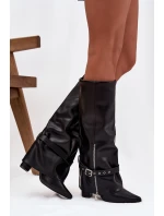 Kozaki Damskie Wsuwane Na Słupku Z Ozdobnym Paskiem Eko Skórzane Czarne Jolivine