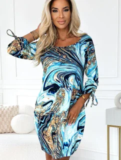 281-7 SOPHIE Pohodlné šaty s vreckami Oversize - BLUE-GOLD WAVES