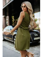 296-14 VICTORIA Trapézové šaty bez rukávov so zaväzovaním v páse - khaki